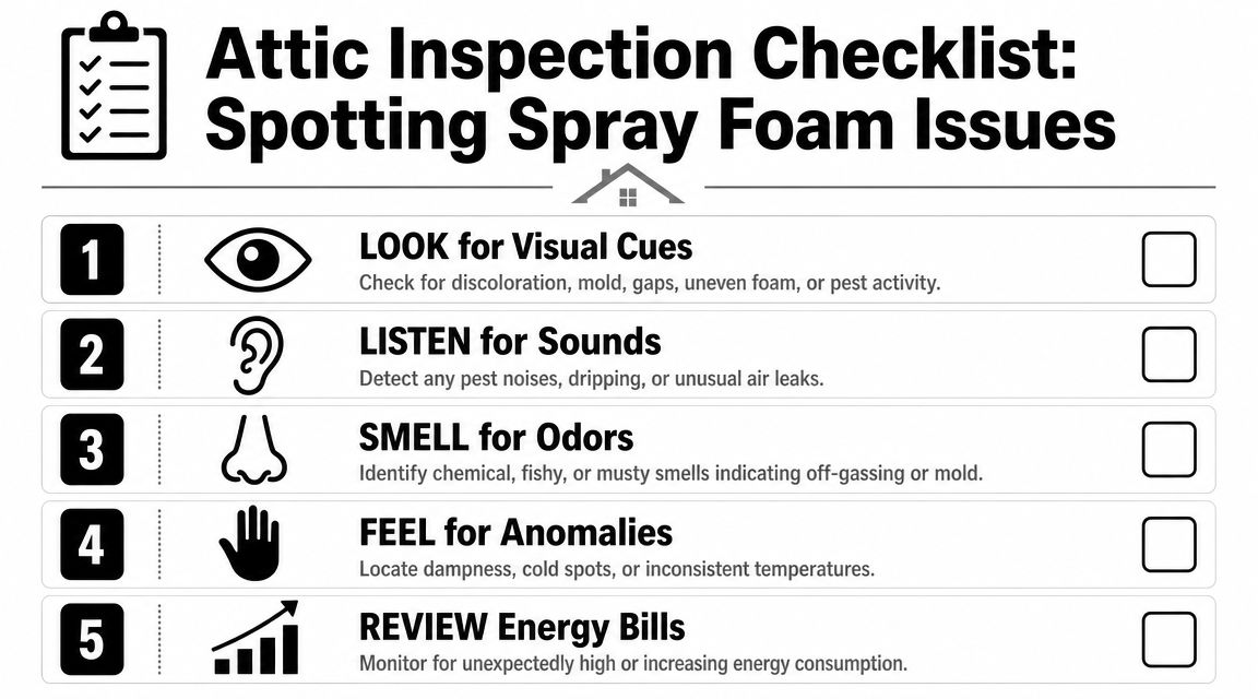 A checklist infographic titled Attic Inspection Checklist for identifying potential spray foam insulation issues in your home.