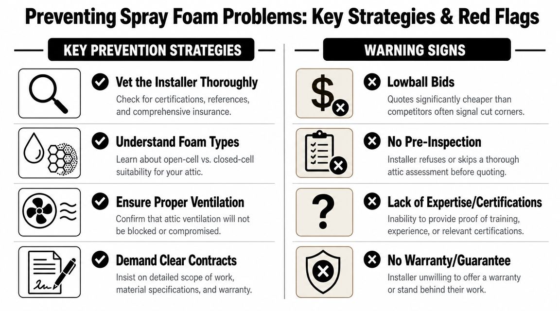 A helpful infographic outlining key strategies to prevent spray foam insulation problems and identifying potential warning signs.