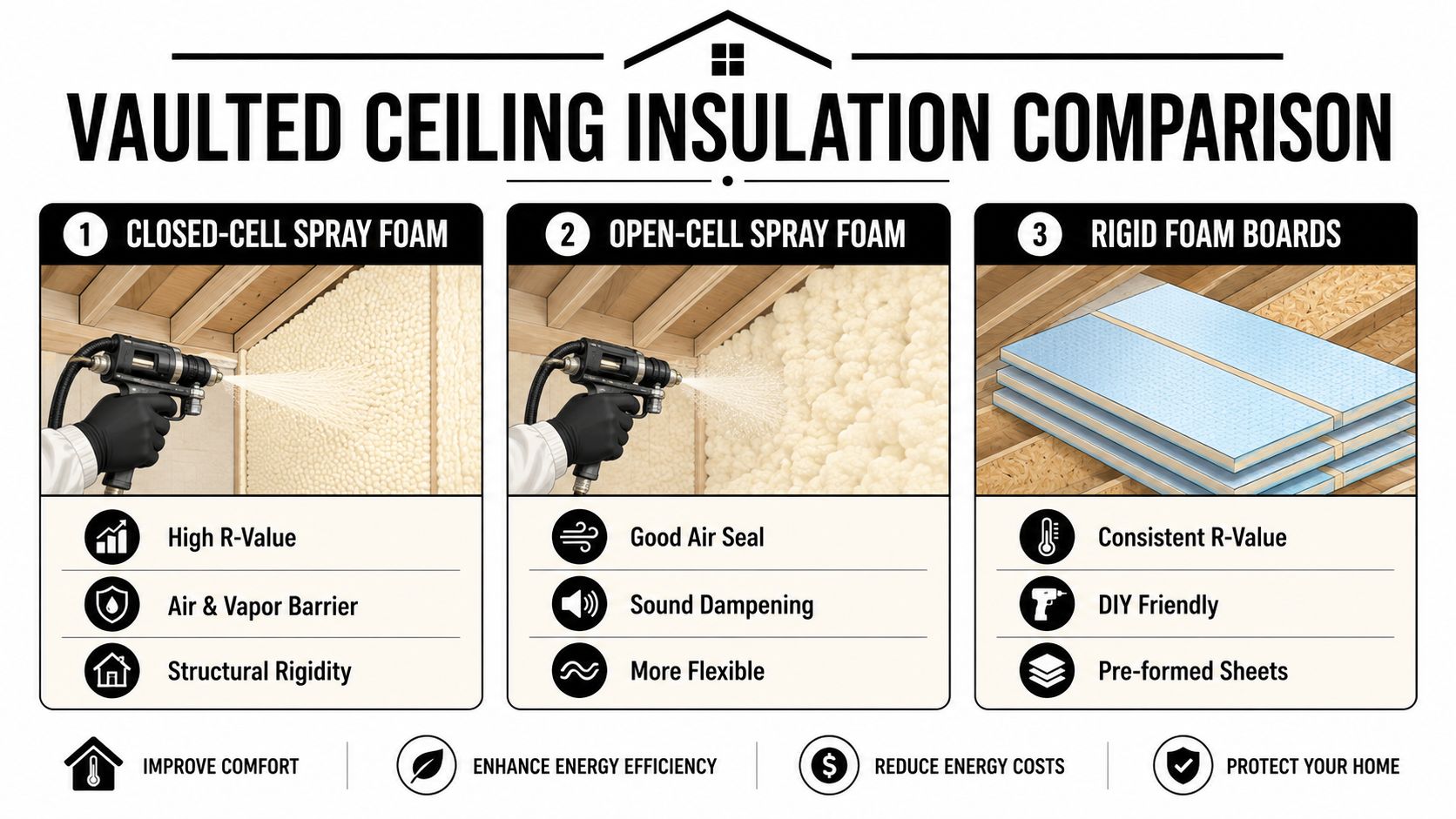A comparison chart showing three types of vaulted ceiling insulation: closed-cell foam, open-cell foam, and rigid boards.