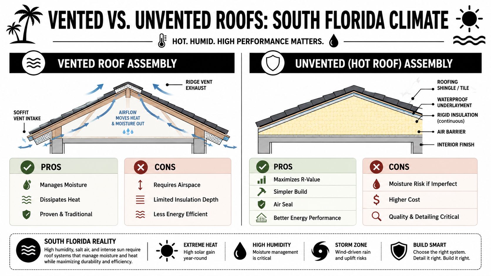A comparison infographic showing vented versus unvented roof assemblies for homes in the South Florida climate.
