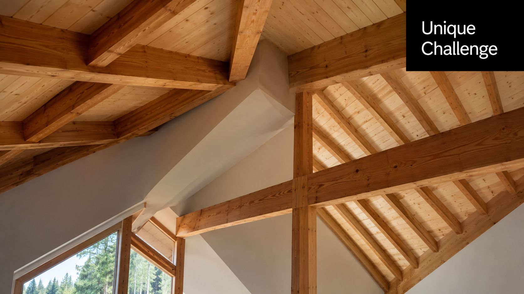 A modern vaulted wooden ceiling with exposed timber beams and large windows showing a pine forest.