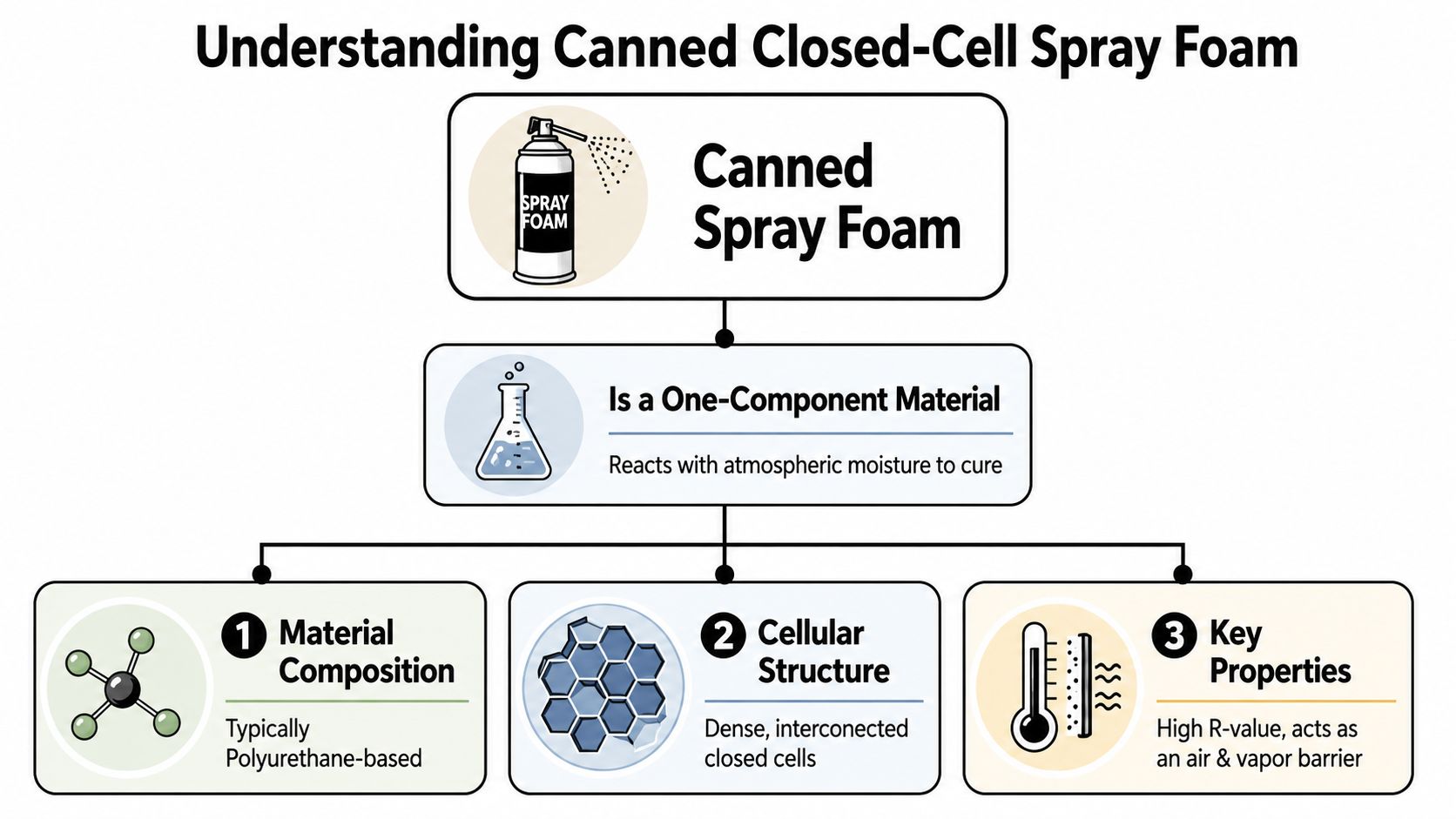 A diagram explaining the components and properties of canned closed-cell spray foam for home insulation.