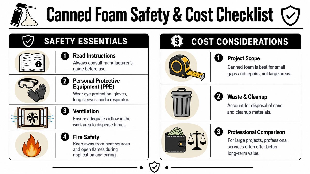 An infographic checklist outlining essential safety precautions and cost considerations for using canned spray foam insulation.