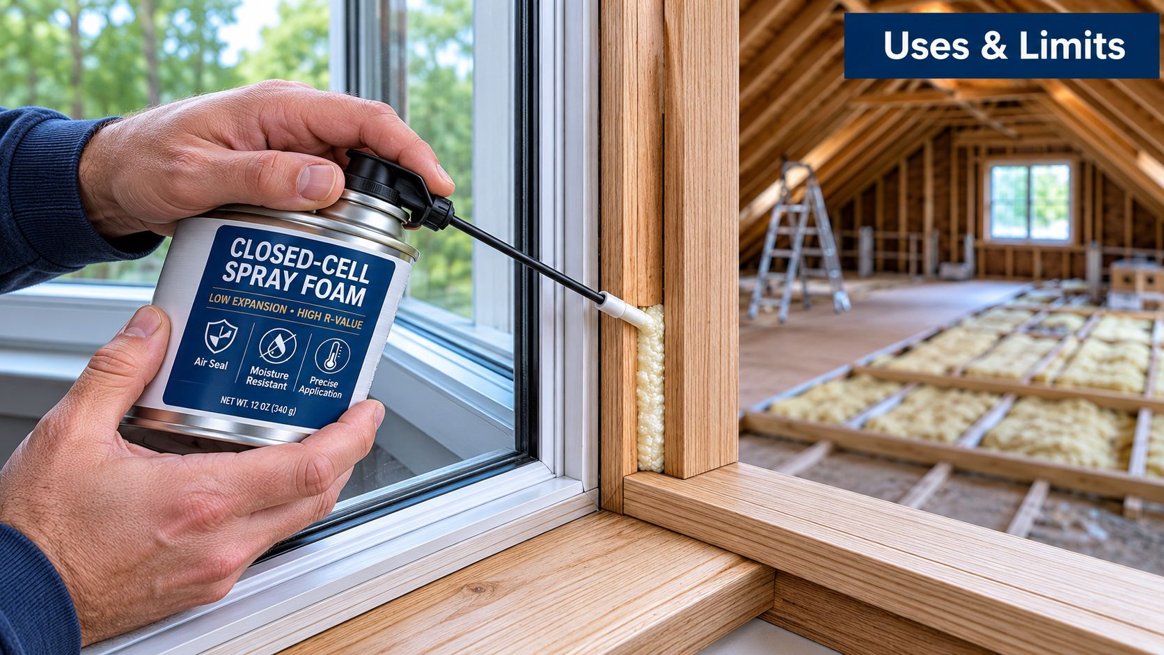 A person using a can of closed-cell spray foam to insulate the gaps in a wooden window frame.
