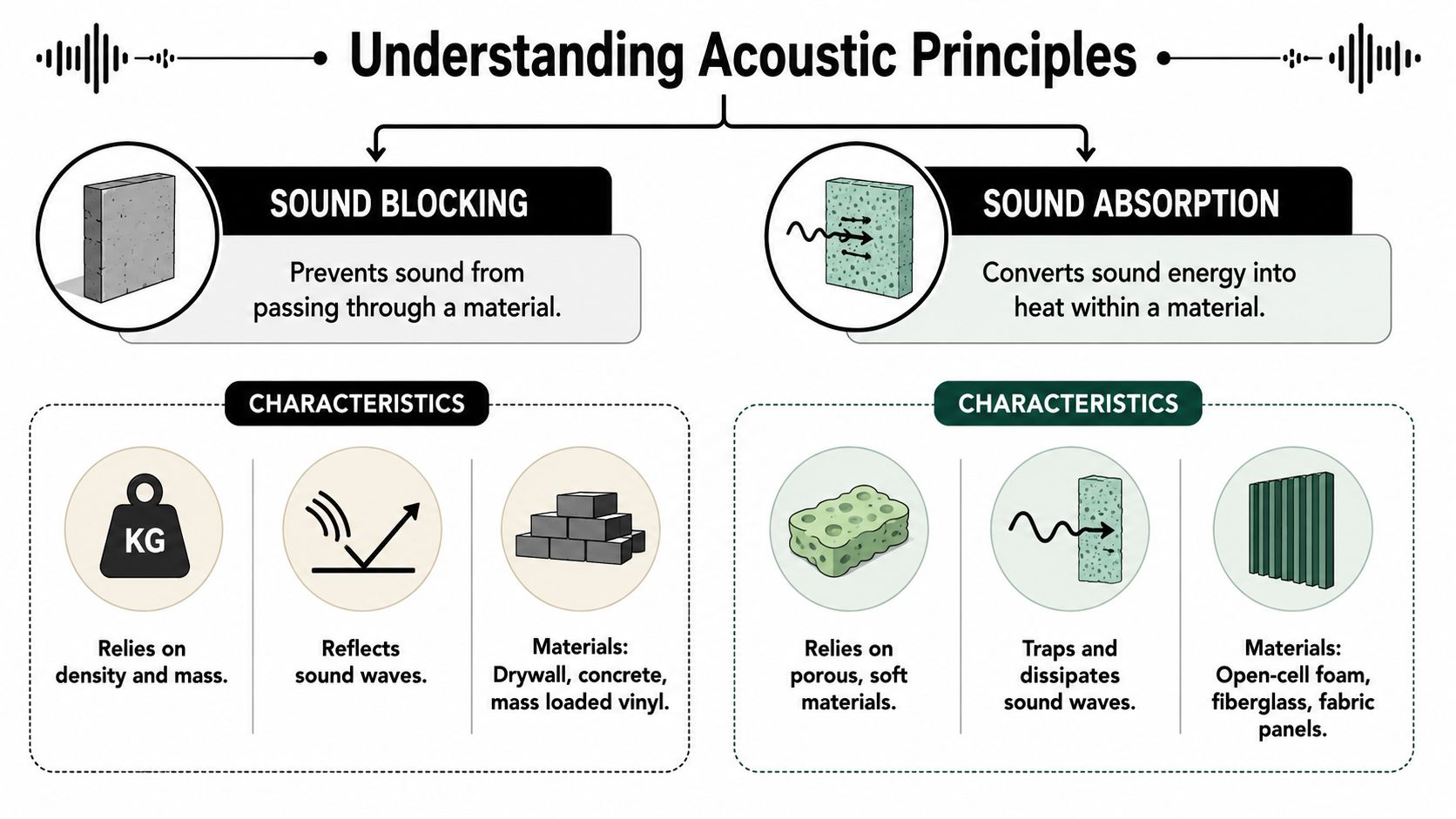An infographic comparing sound blocking and sound absorption, detailing their different characteristics, mechanisms, and common building materials.