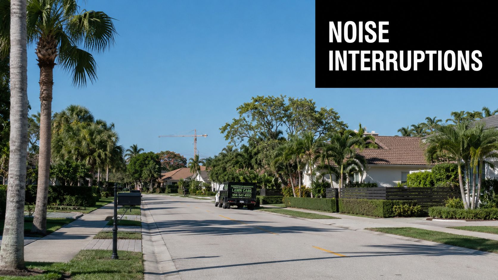 A quiet residential street lined with palm trees and houses under a clear blue sky.