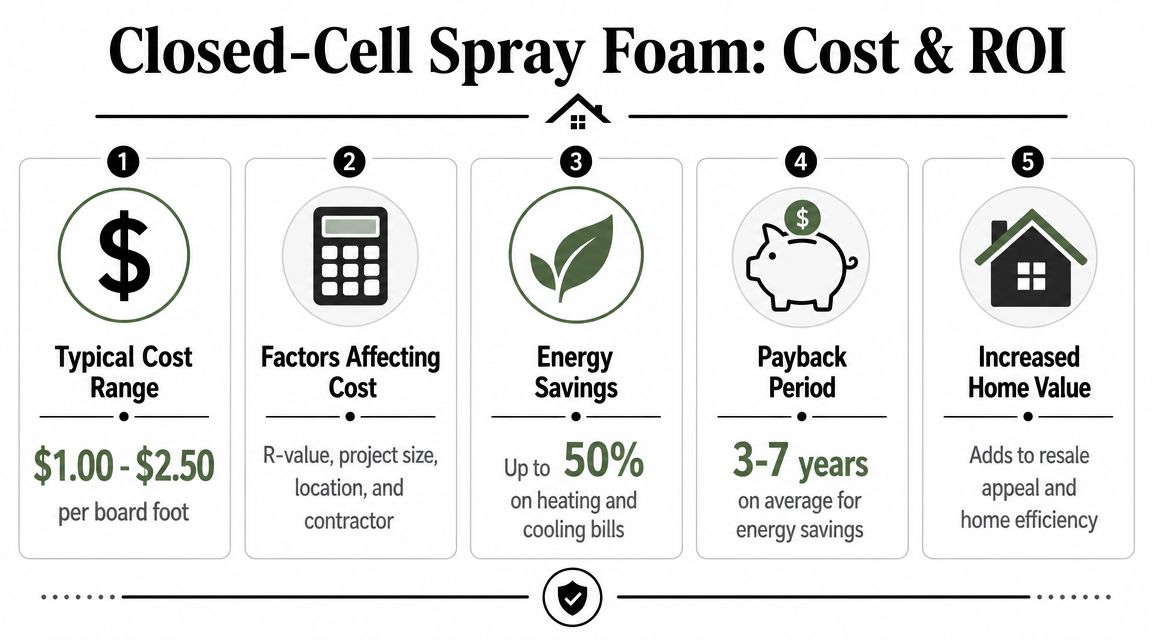 An infographic showing the cost, energy savings, and return on investment for closed-cell spray foam insulation.