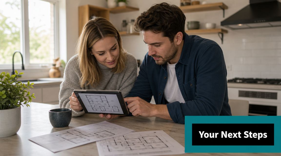 A couple looking at home architectural blueprints and a tablet while planning home improvement in their kitchen.