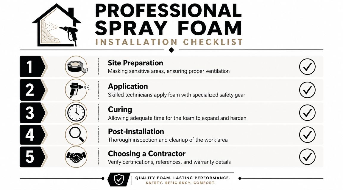 A professional spray foam installation checklist infographic showing five key steps for proper insulation application.