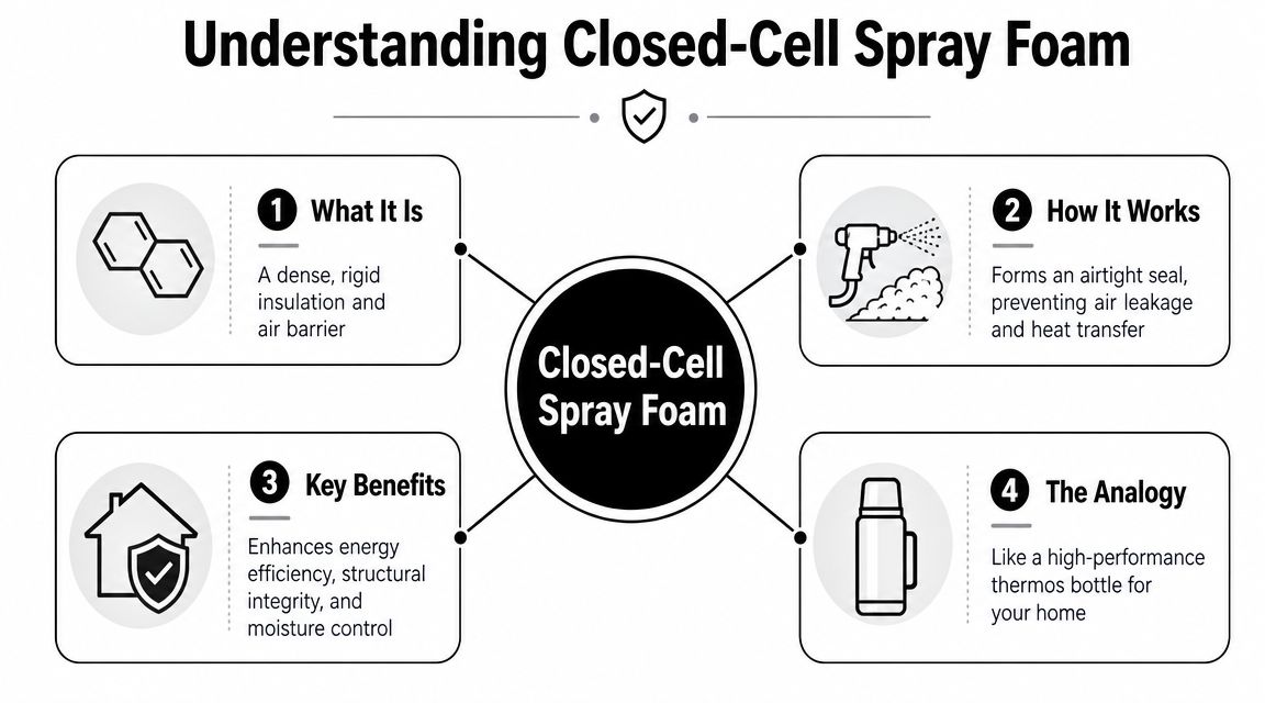 An infographic titled Understanding Closed-Cell Spray Foam explaining its definition, mechanism, key benefits, and a helpful analogy.