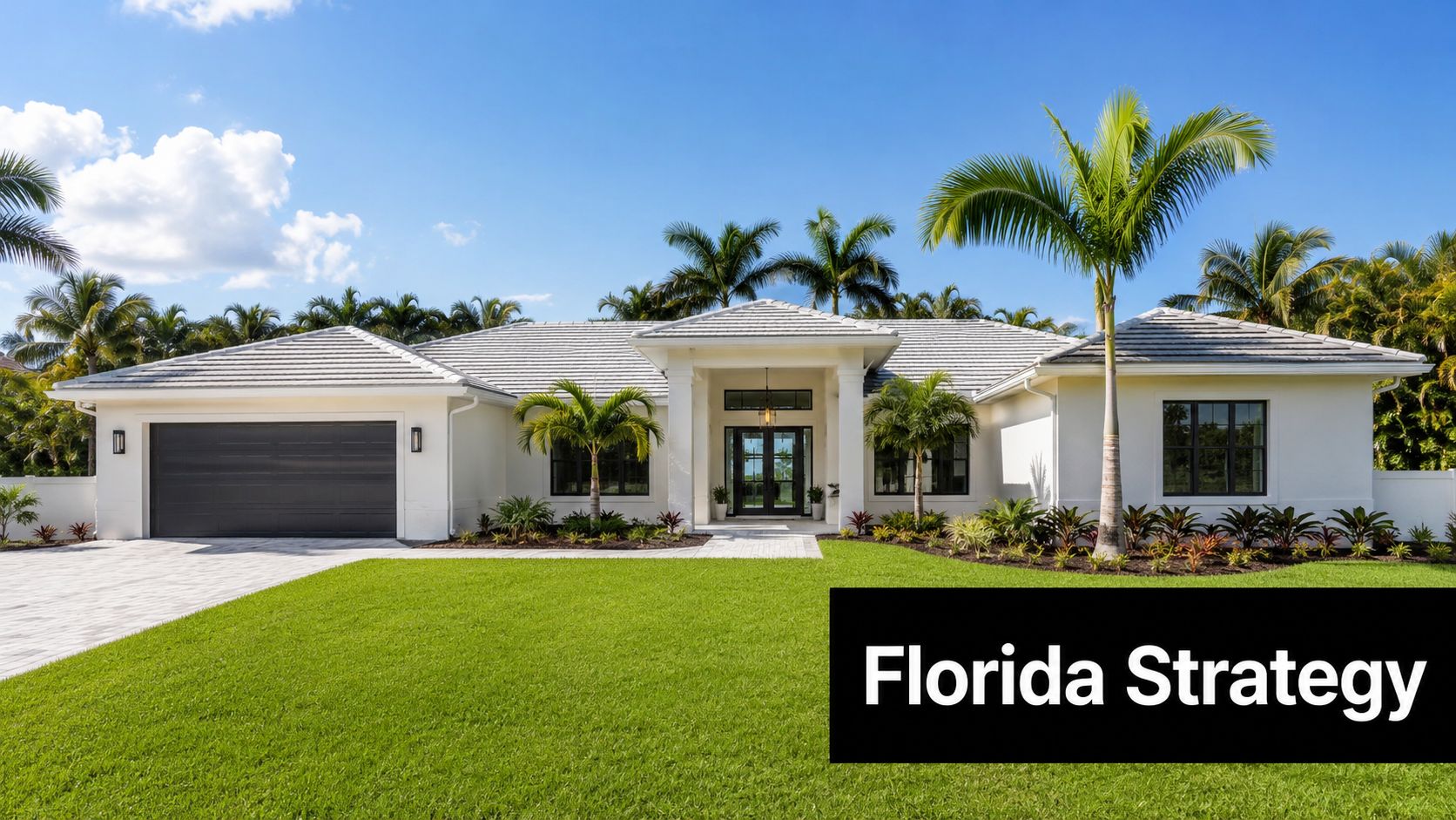 A modern single-story house in Florida with a neatly manicured lawn and vibrant tropical landscaping.