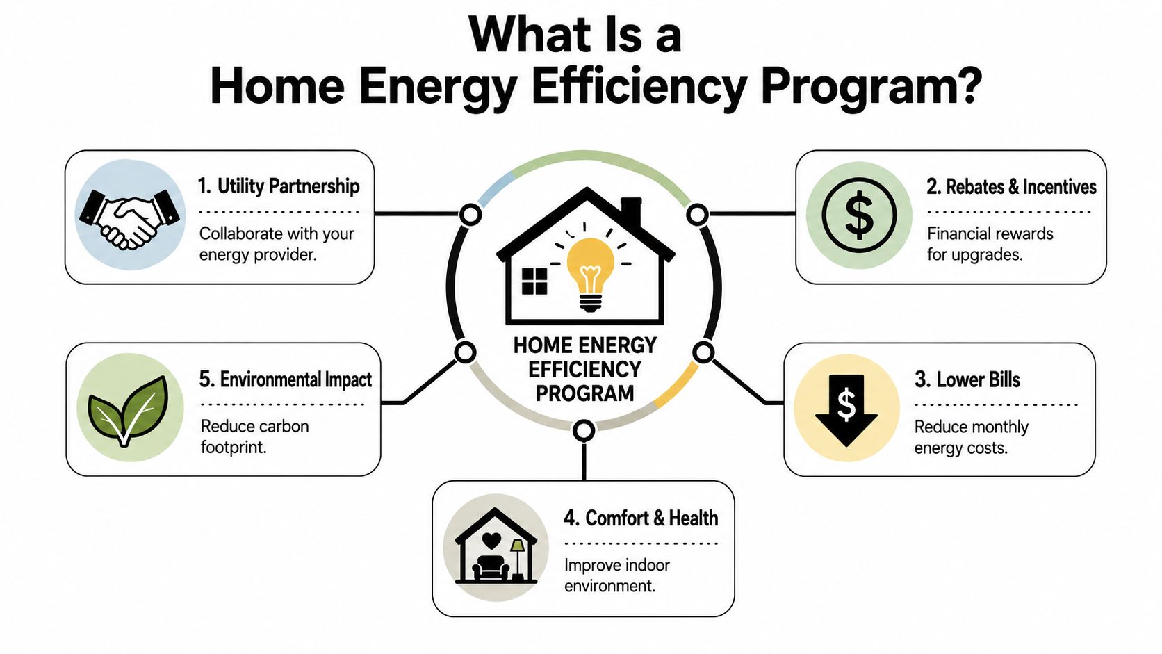A diagram illustrating the benefits and components of a residential home energy efficiency program for homeowners.