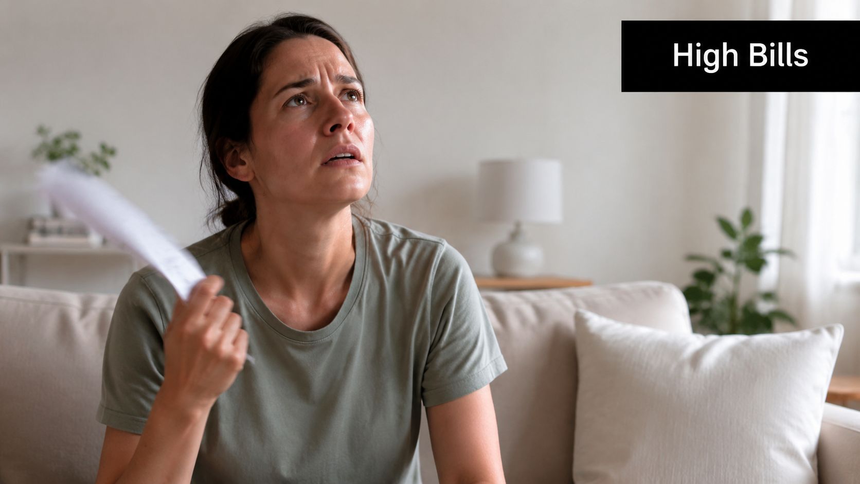 A concerned woman sitting on a couch holding a bill, worried about rising household costs.
