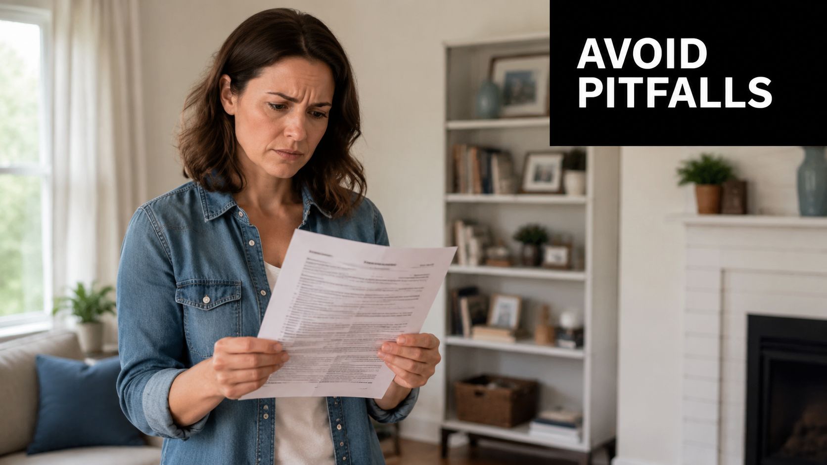 A concerned woman standing in her living room while reading a confusing document or contract paper.