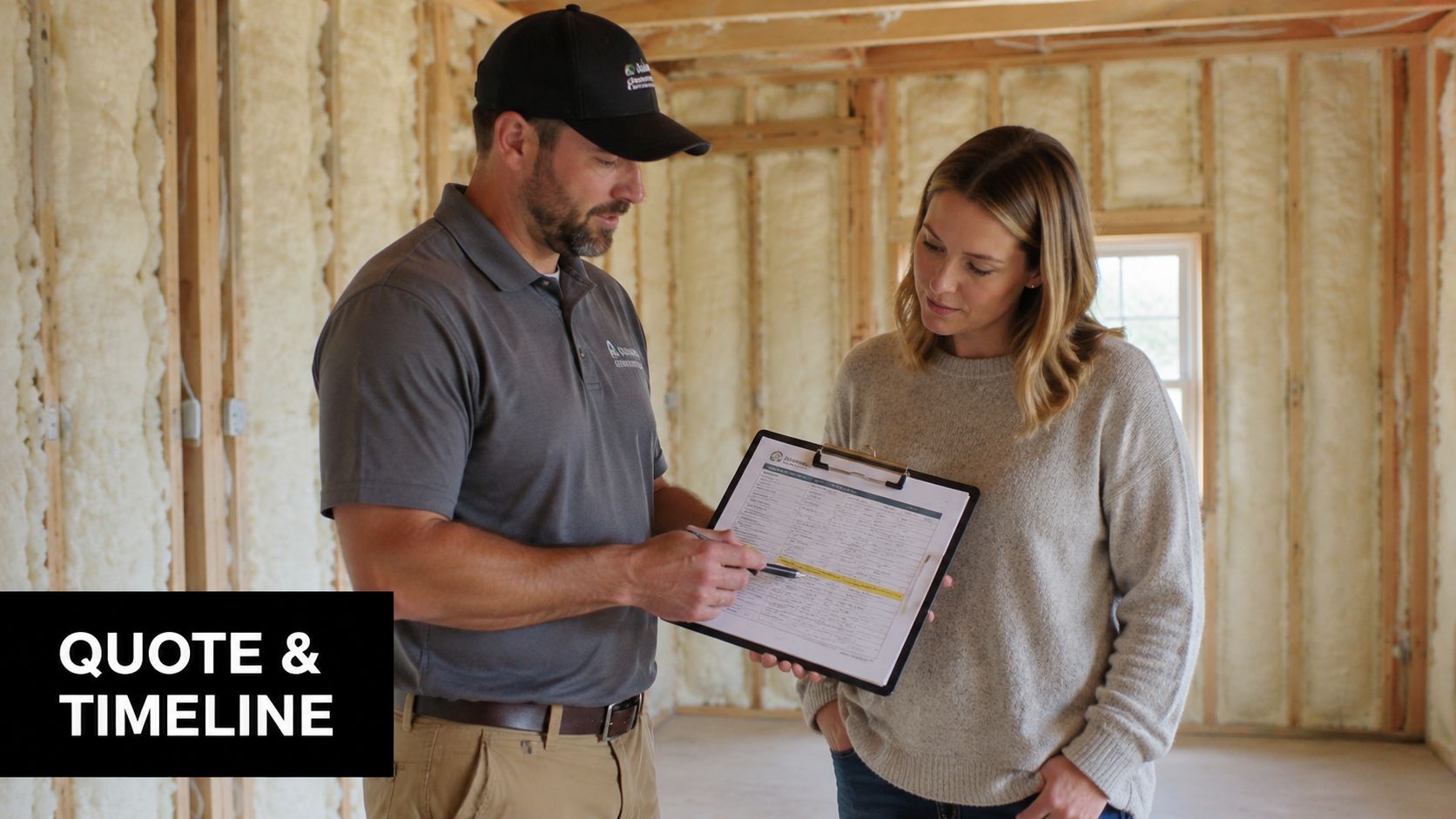 A male contractor discussing construction project details and timeline with a female homeowner on a clipboard.