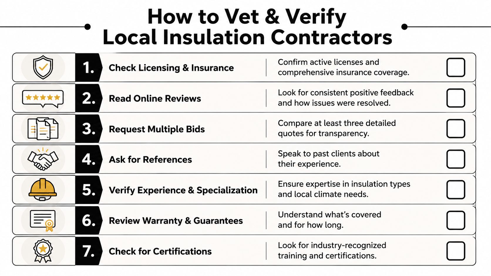 A checklist titled How to Vet and Verify Local Insulation Contractors featuring seven essential steps for homeowners.
