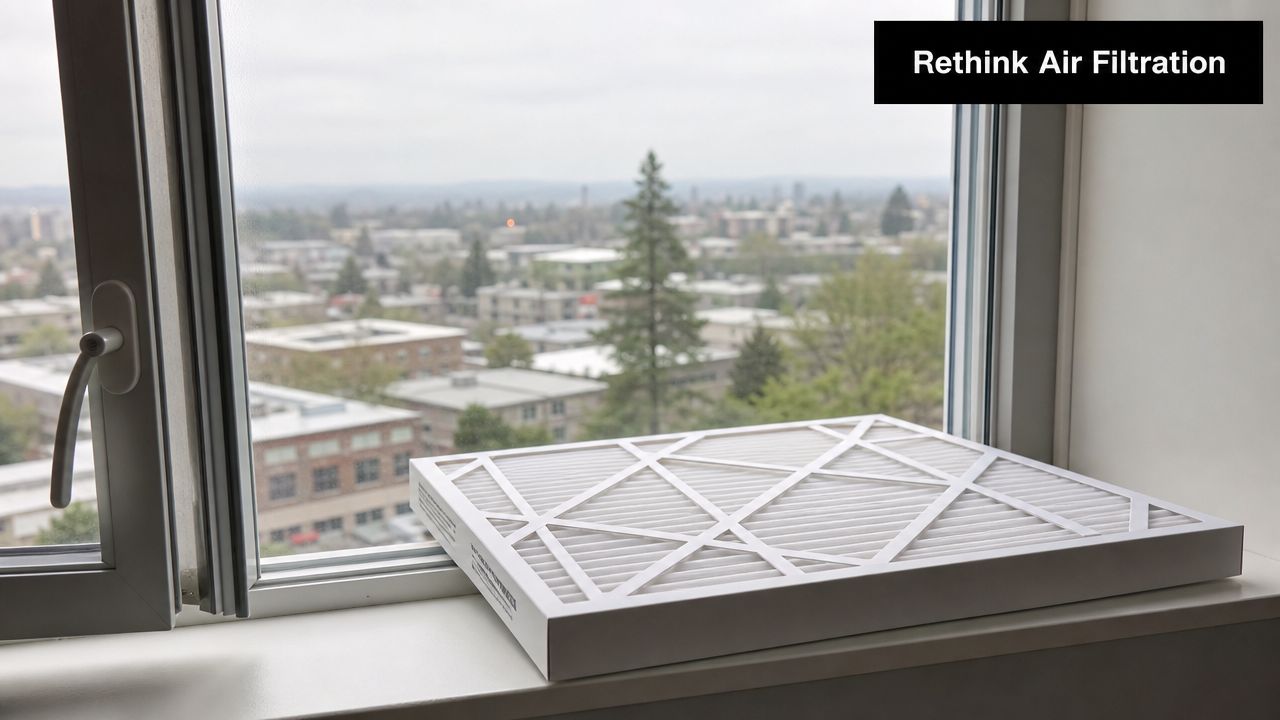 A clean white air filter sitting on a bright windowsill overlooking an urban city landscape view.