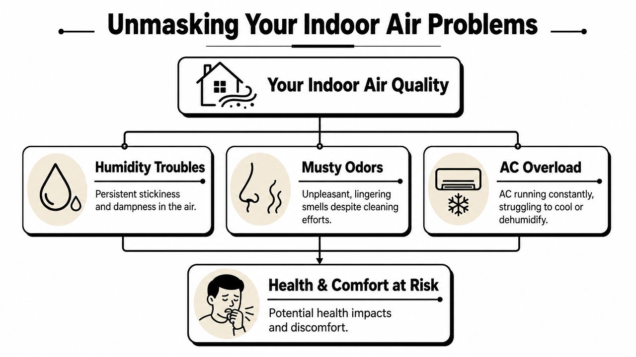 A flowchart illustrating common indoor air quality problems like humidity, odors, and AC issues impacting health.