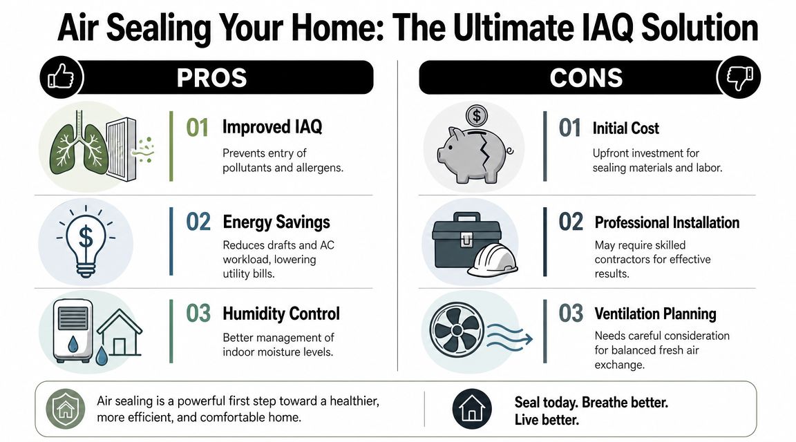 An infographic highlighting the benefits and drawbacks of air sealing your home for improved indoor air quality.