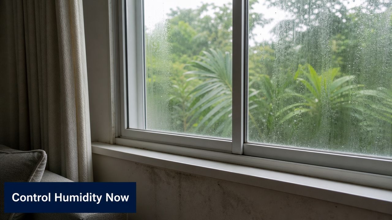 Condensation on a window pane indicating high indoor humidity levels against a lush green outdoor background.