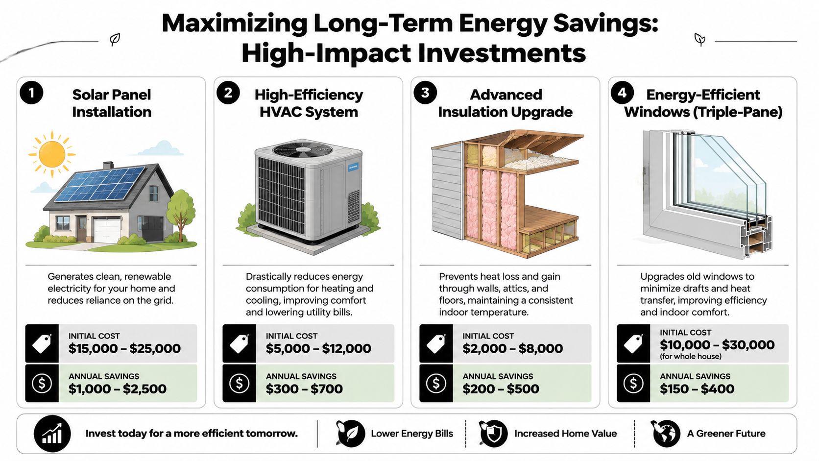 A guide illustrating four high-impact home improvements to maximize energy savings and lower utility bills.