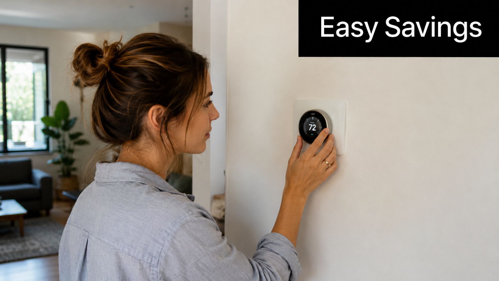 A woman adjusts the temperature on a smart thermostat mounted on a white interior wall.