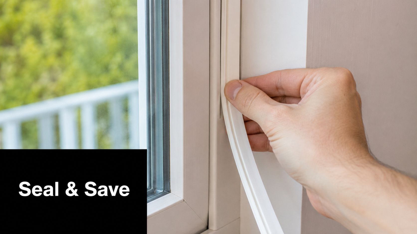 A hand installing white weatherstripping seal into a window frame to improve insulation and energy efficiency.