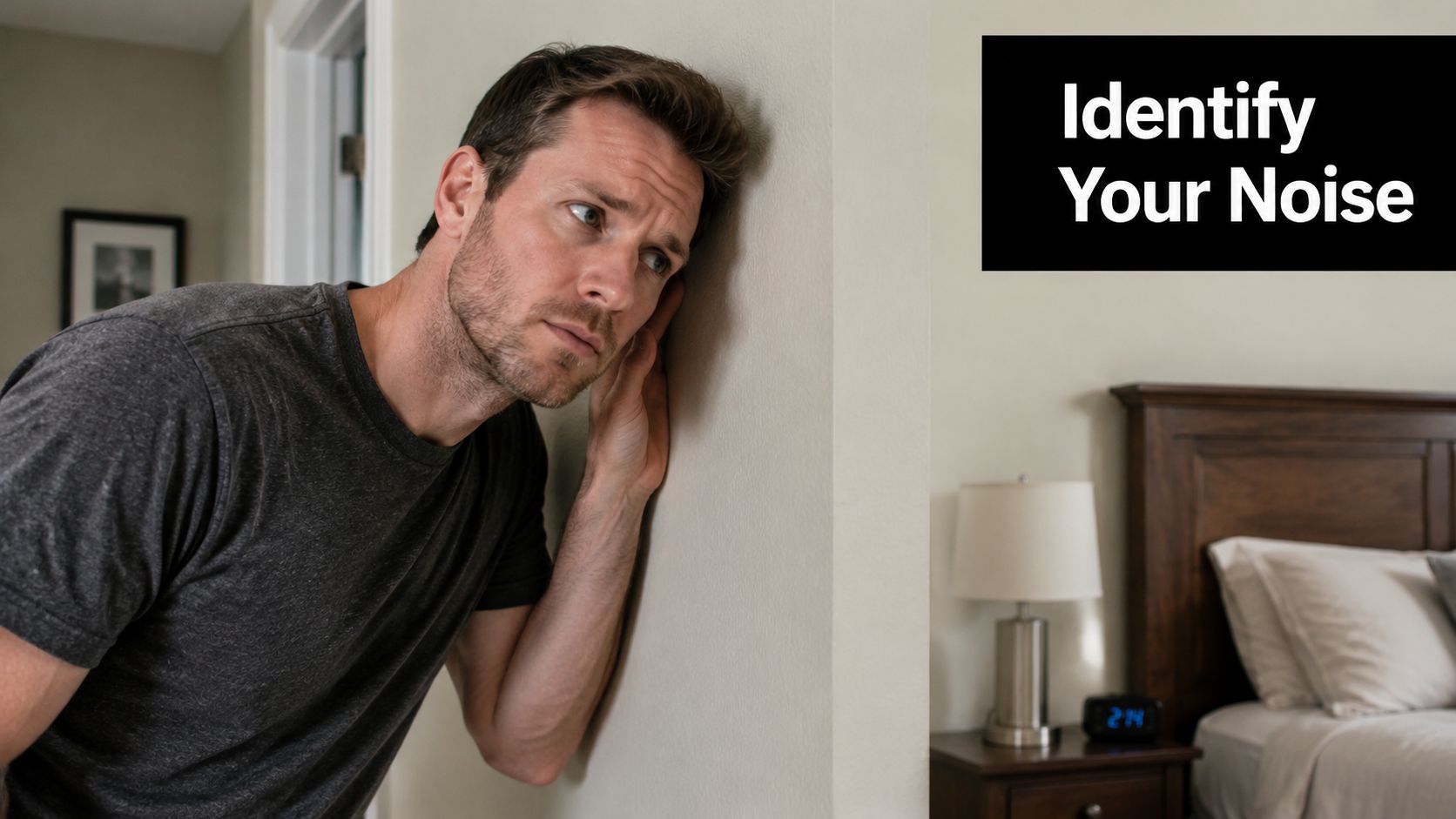 A concerned man presses his ear against an interior wall to listen to noise from another room.