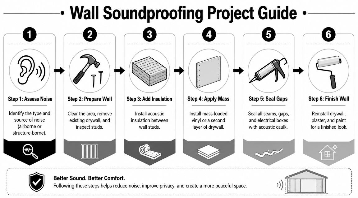 A six-step infographic guide explaining the professional process of soundproofing interior walls for better home comfort.
