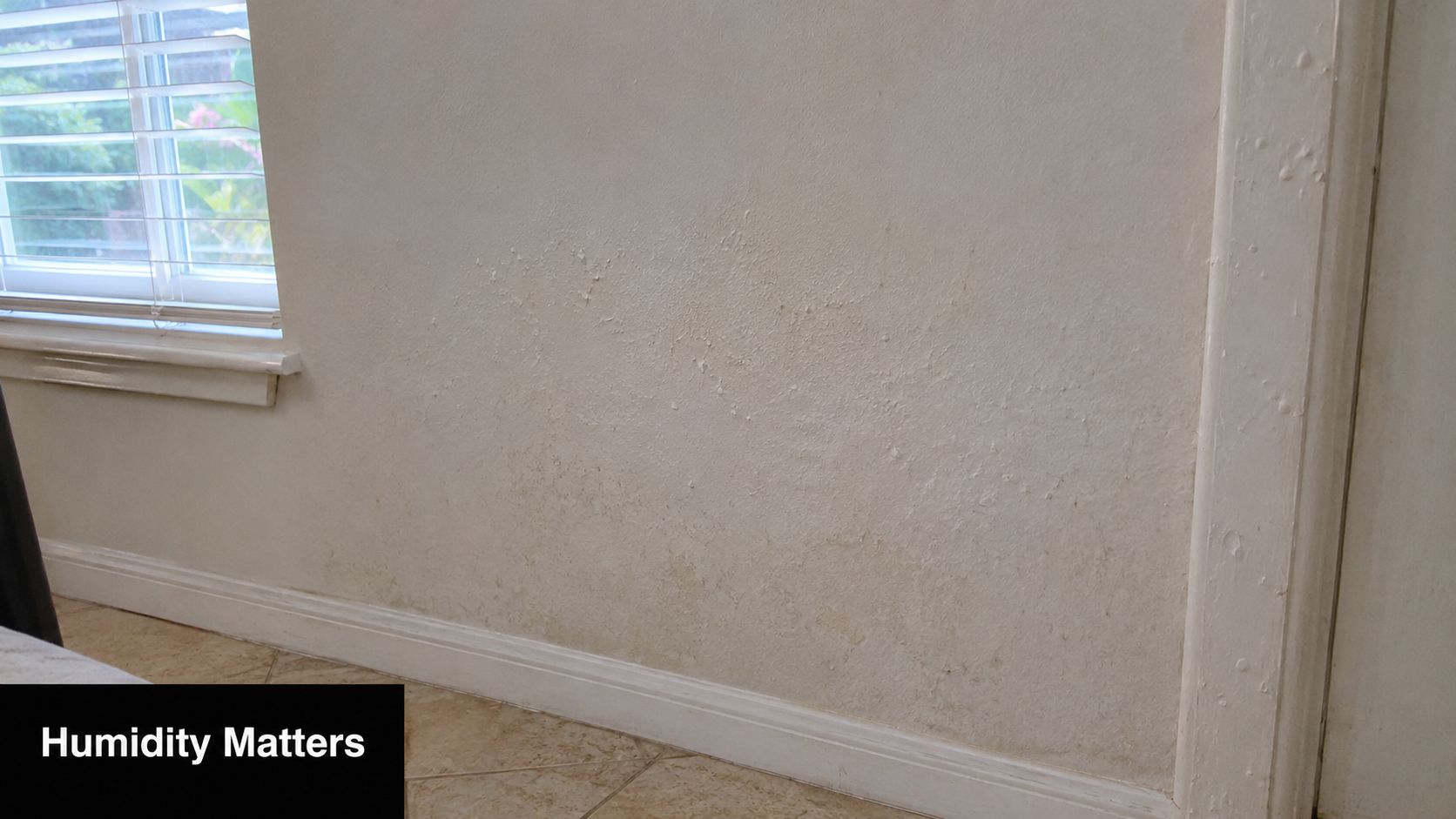 A section of an interior wall showing clear signs of water damage, bubbling paint, and peeling texture.