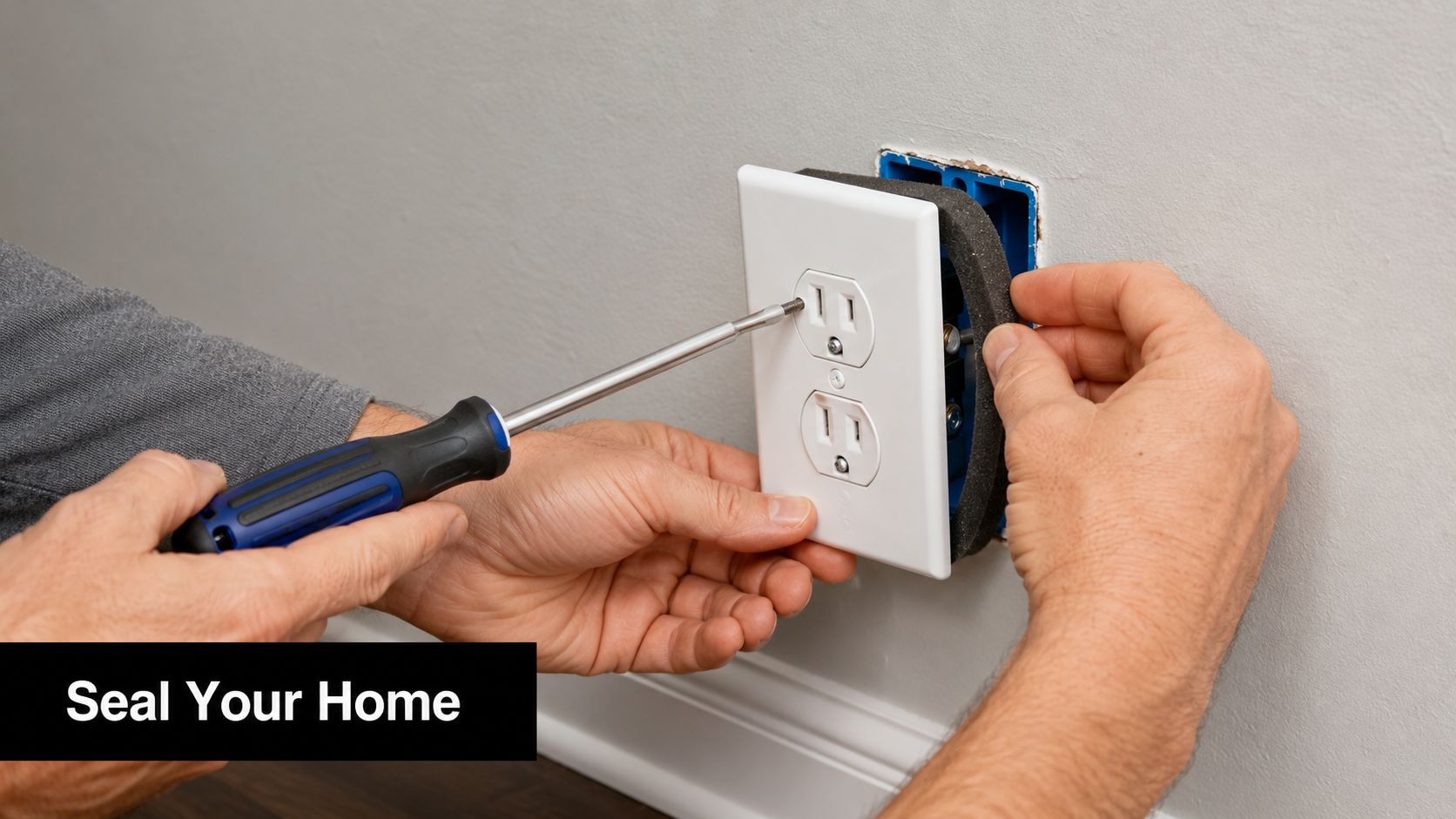 A person installing a foam insulation gasket behind an electrical wall outlet cover to improve home energy efficiency.