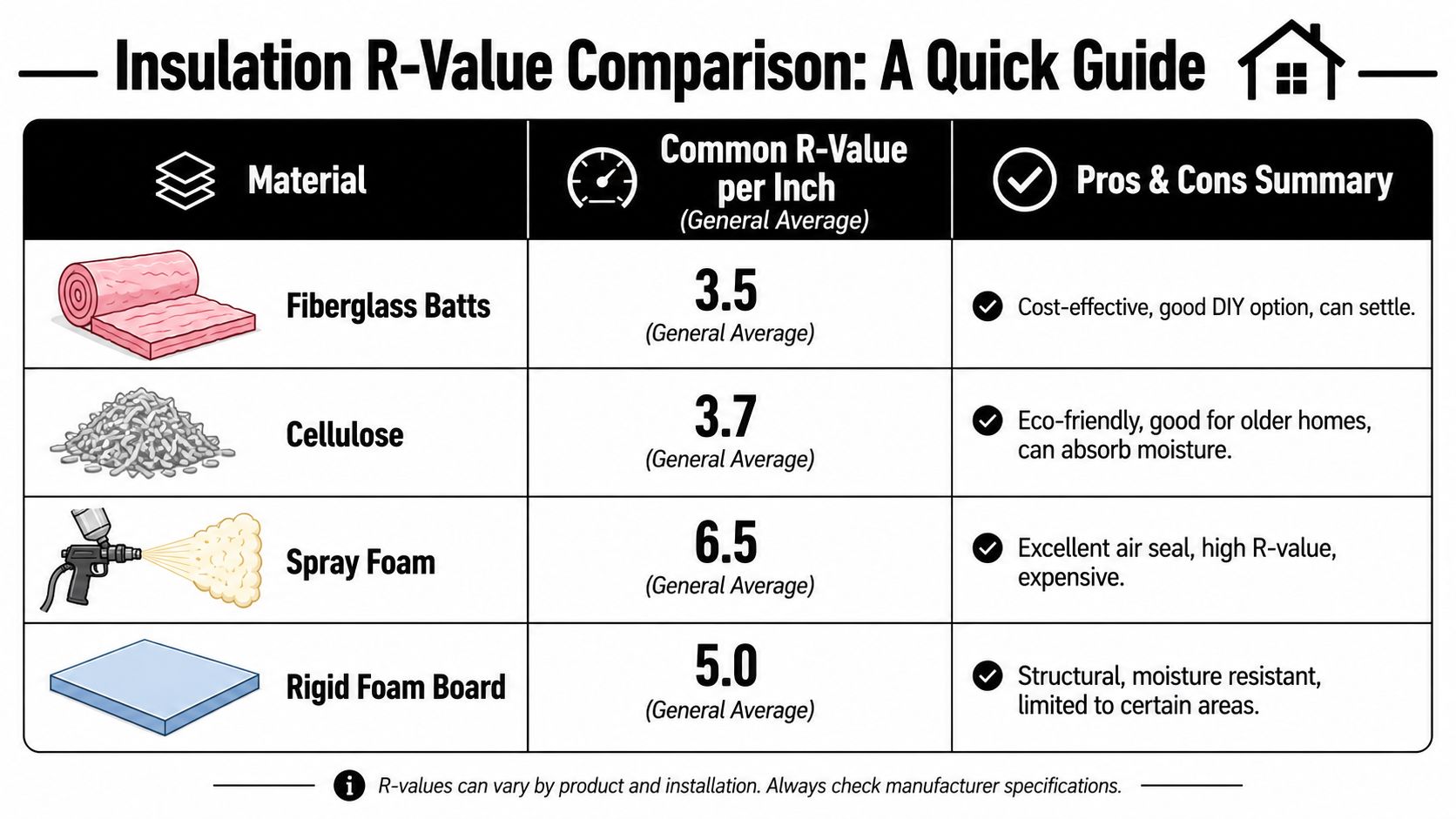 A comparison chart showing R-values and pros and cons for common insulation materials like fiberglass, cellulose, and foam.