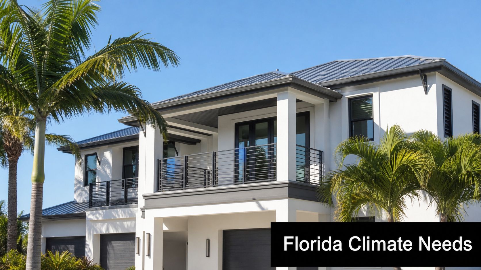 A modern two-story white luxury house with a metal roof surrounded by tropical palm trees in Florida.