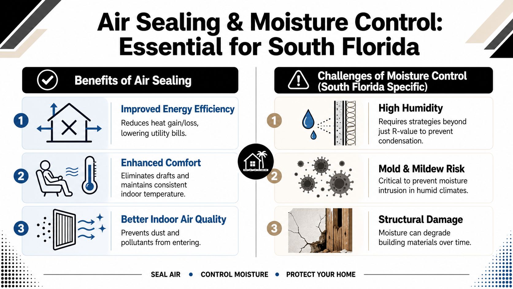 An infographic titled Air Sealing and Moisture Control highlighting benefits and challenges for South Florida homes.