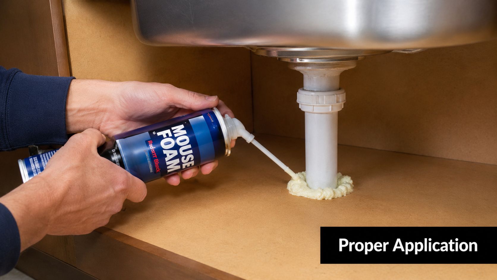 A person applying mouse foam sealant around a sink drain pipe to prevent rodent entry.