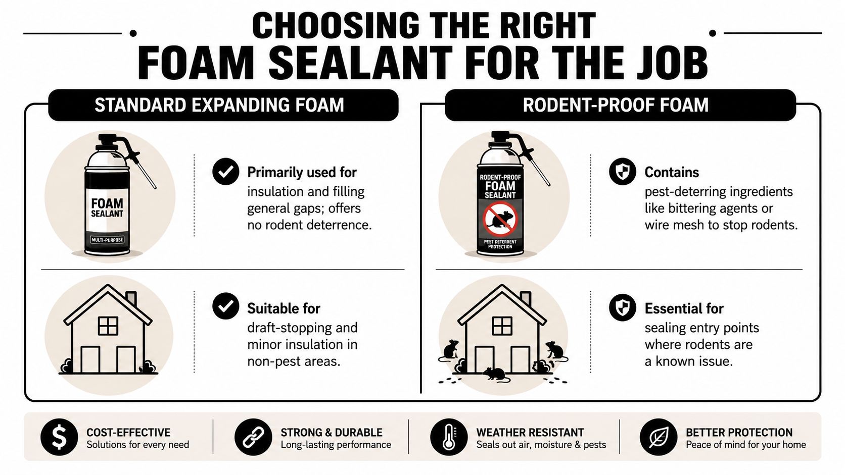 An infographic comparing standard expanding foam and rodent-proof foam for sealing gaps in homes.