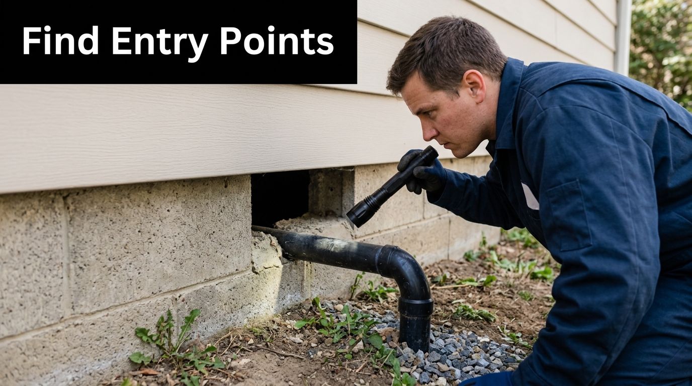 A professional pest control technician inspects a gap in a house foundation using a flashlight.
