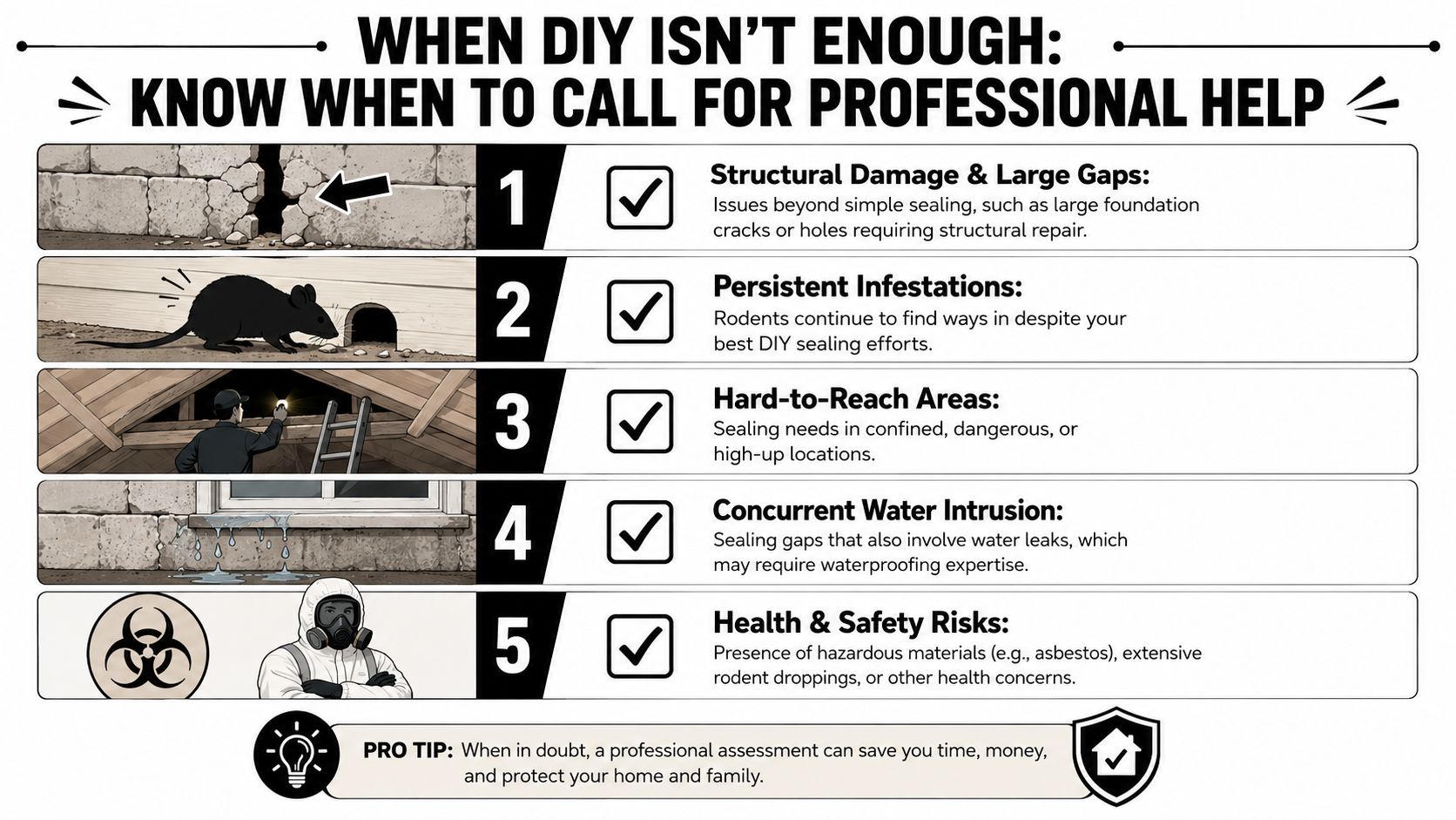 A helpful infographic listing five scenarios when you should contact a professional for home pest sealing services.