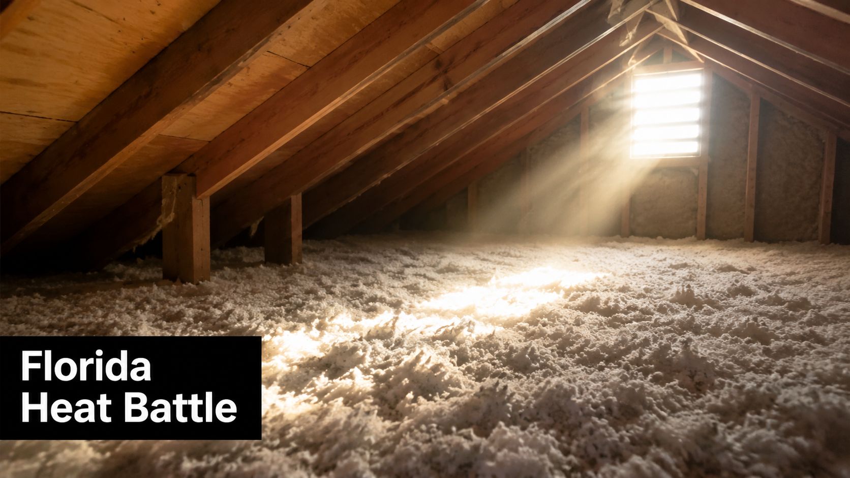 Sunlight streaming through an attic vent onto thick white blown-in insulation in a Florida home attic.