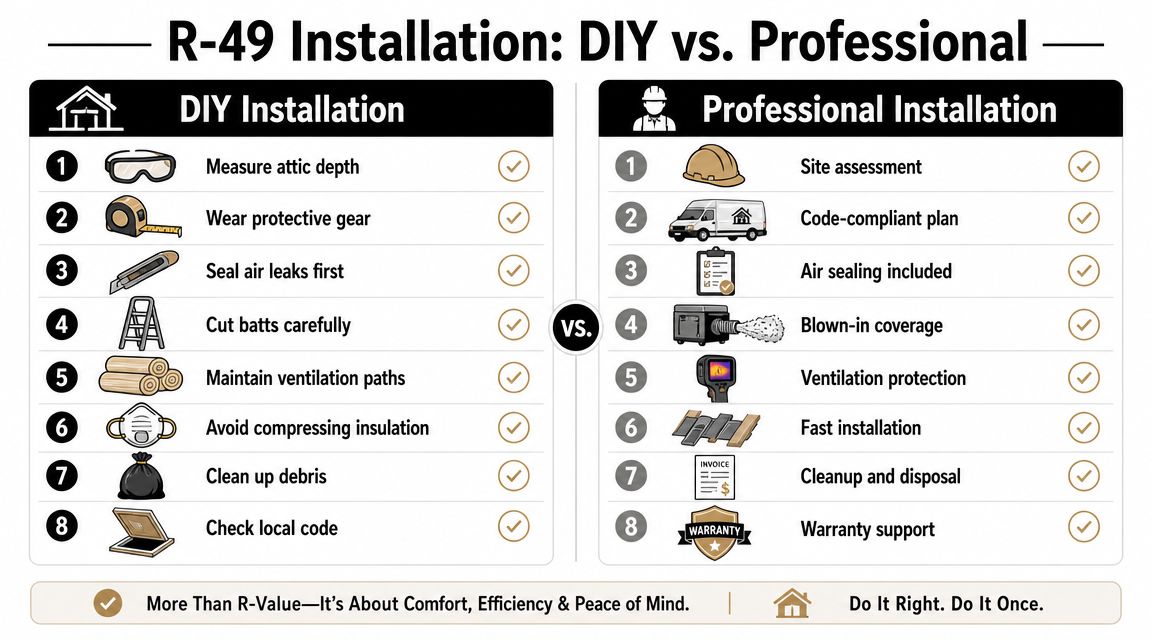 A comparison chart outlining the step-by-step process for DIY versus professional R-49 attic insulation installation.