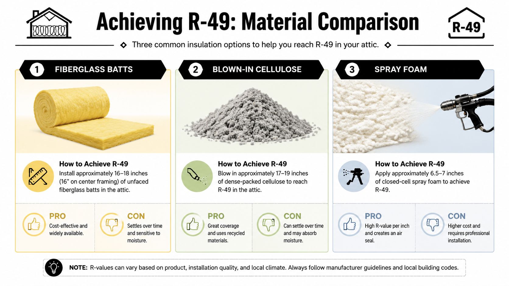A comparison chart showing three different insulation types to achieve an R-49 rating in an attic.