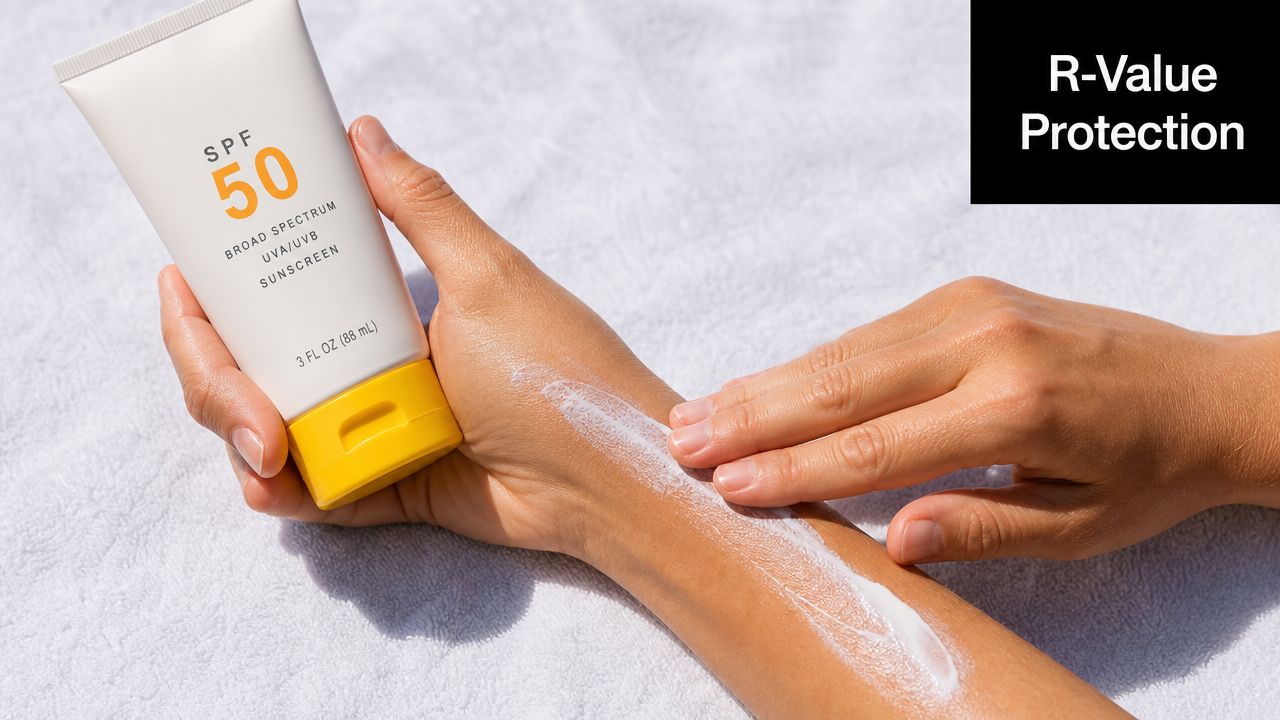 A person applying sunscreen from a tube to their arm with a white towel background.