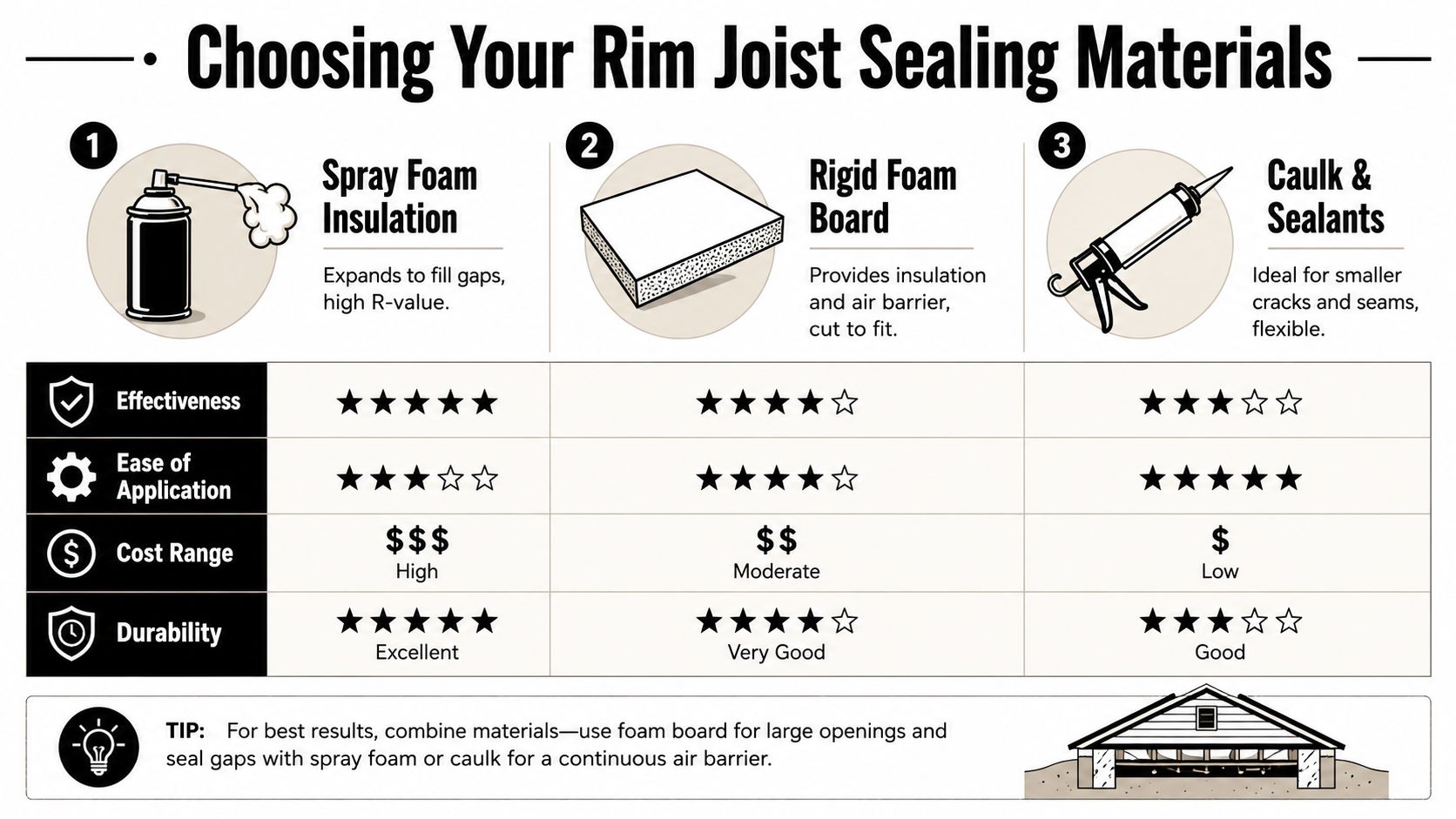 A comparison chart showing three materials for sealing rim joists: spray foam, rigid foam board, and caulk.