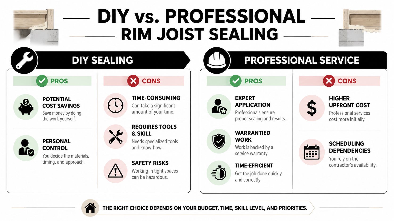 A comparison infographic detailing the pros and cons of DIY versus professional rim joist air sealing services.