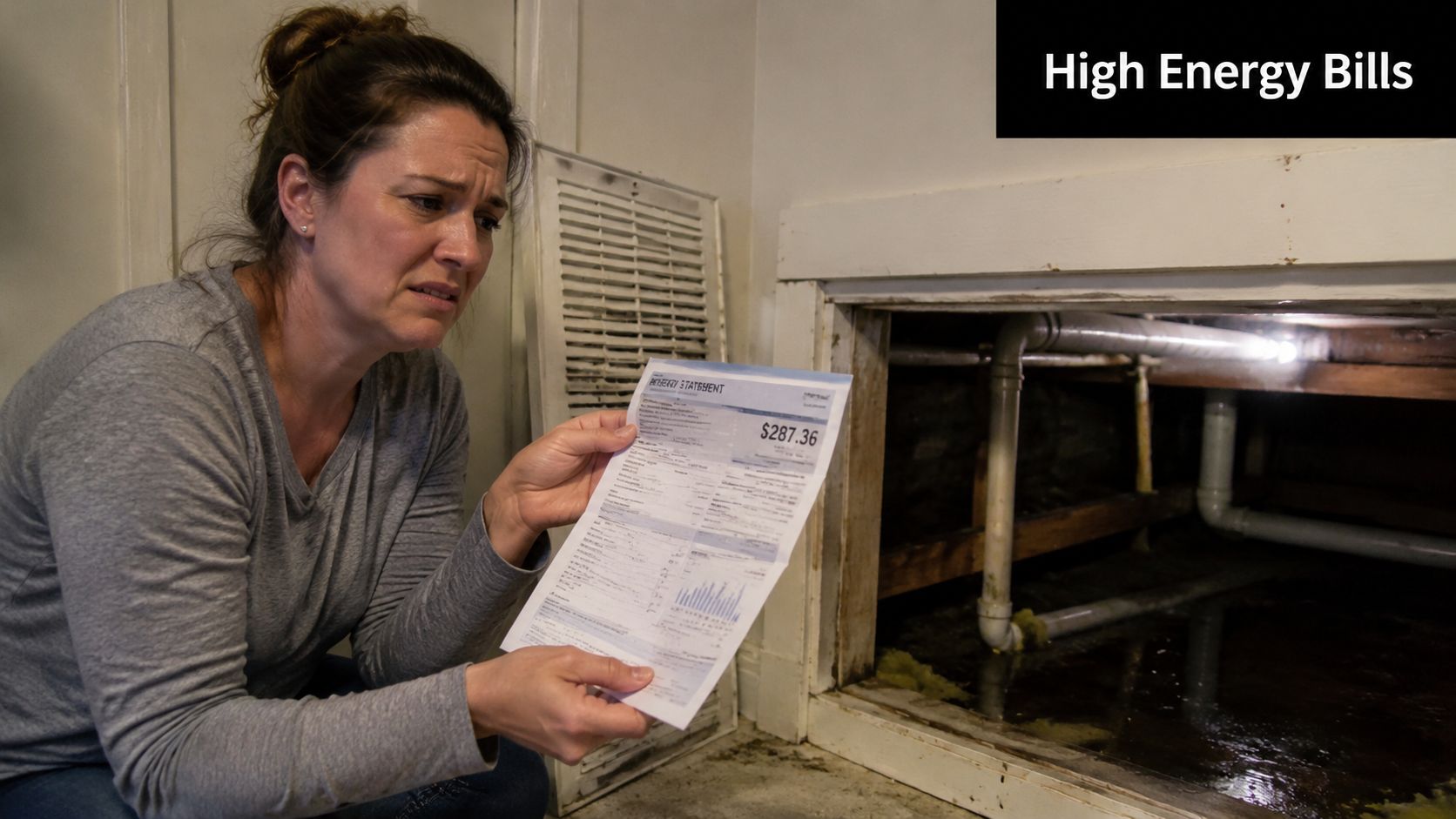 A concerned woman holding an energy bill while inspecting the crawl space insulation in her home.