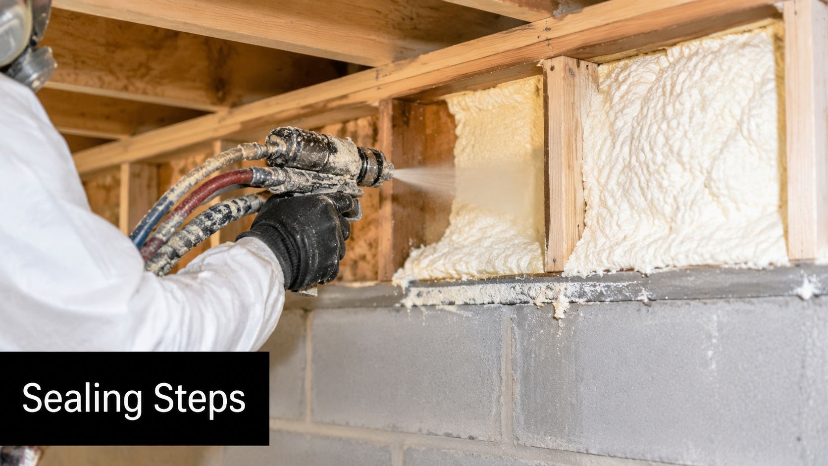 A worker in protective gear applies spray foam insulation to a residential rim joist for air sealing.