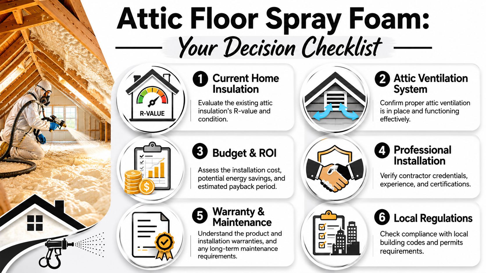 A professional in protective gear applying spray foam insulation to an attic floor with six-point checklist.