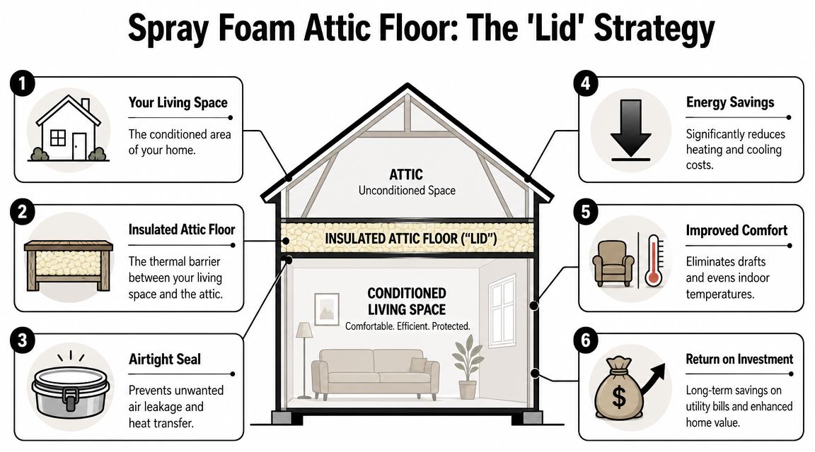 A diagram illustrating the spray foam attic floor lid strategy to improve home energy efficiency and comfort.