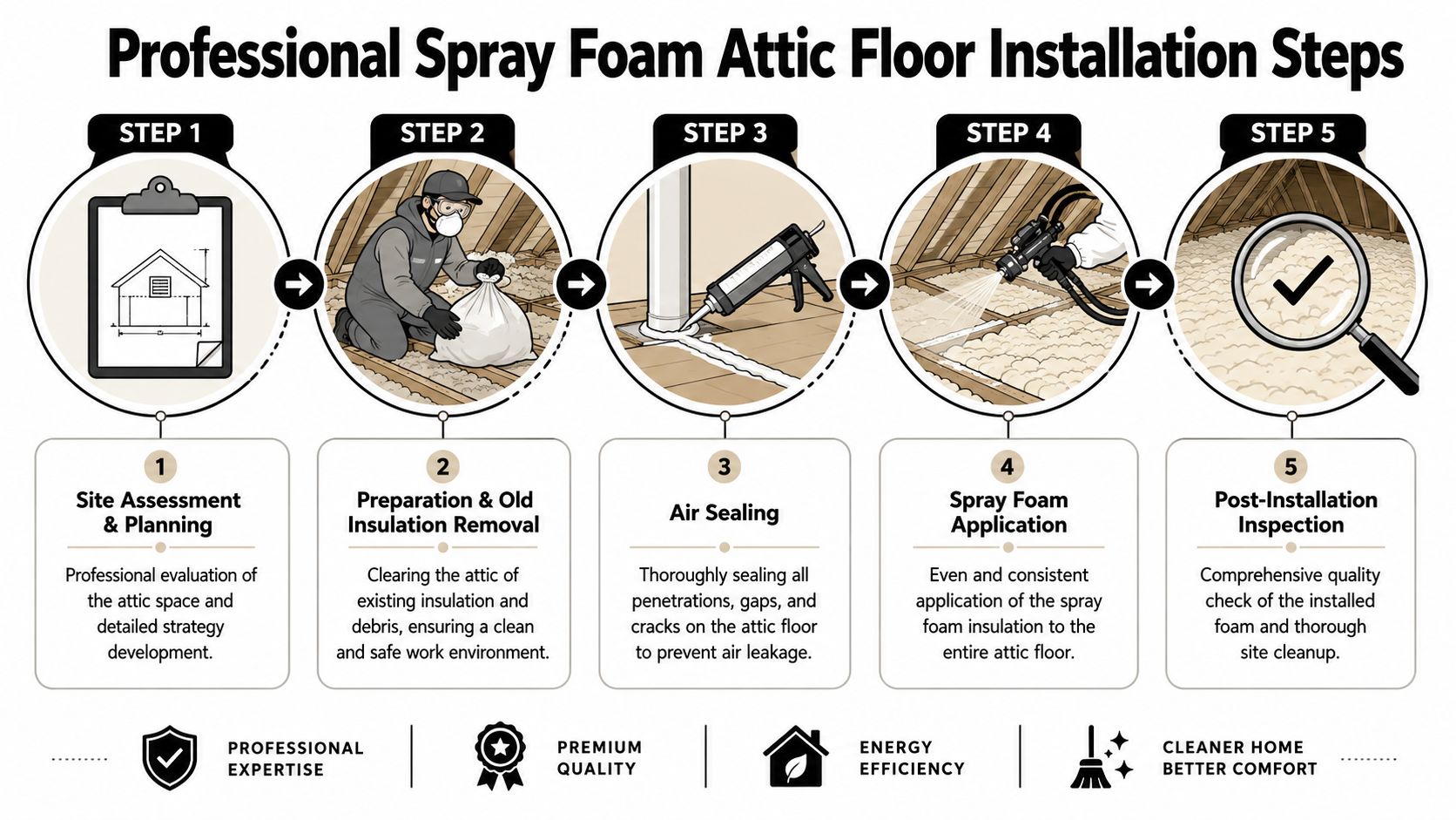 A professional infographic illustrating the five essential steps for a spray foam attic floor insulation installation.