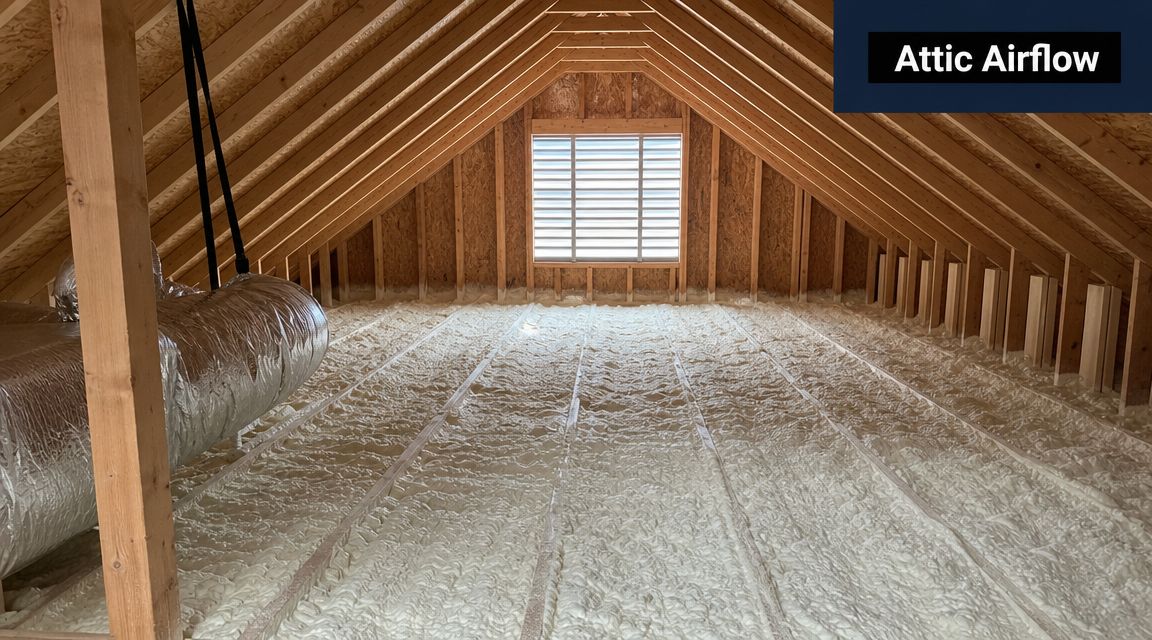 A view of an attic with spray foam insulation covering the floor joists and subflooring.